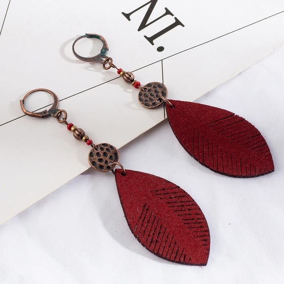 Suede Leaf Dangle Earrings - Picture 2 of 4